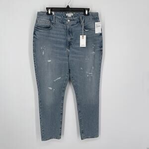 Good American Good Classic Stretch Straight Jeans NEW Sz 12 / 31 Distressed Blue